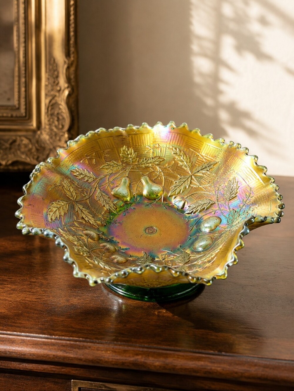 Antique Northwood Fruits & Flowers Carnival Glass Ruffled Bowl